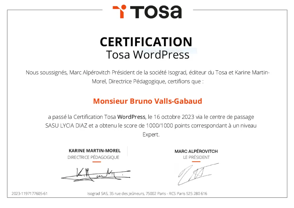 Certificat Tosa WordPress.